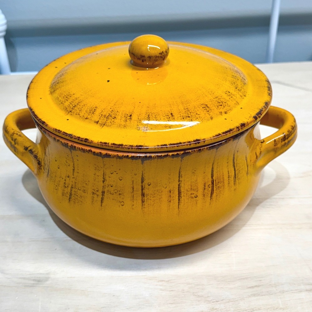 Vintage Italian Terracotta Casserole Dish Lid Yellow Glazed 8" Pot Made in Italy